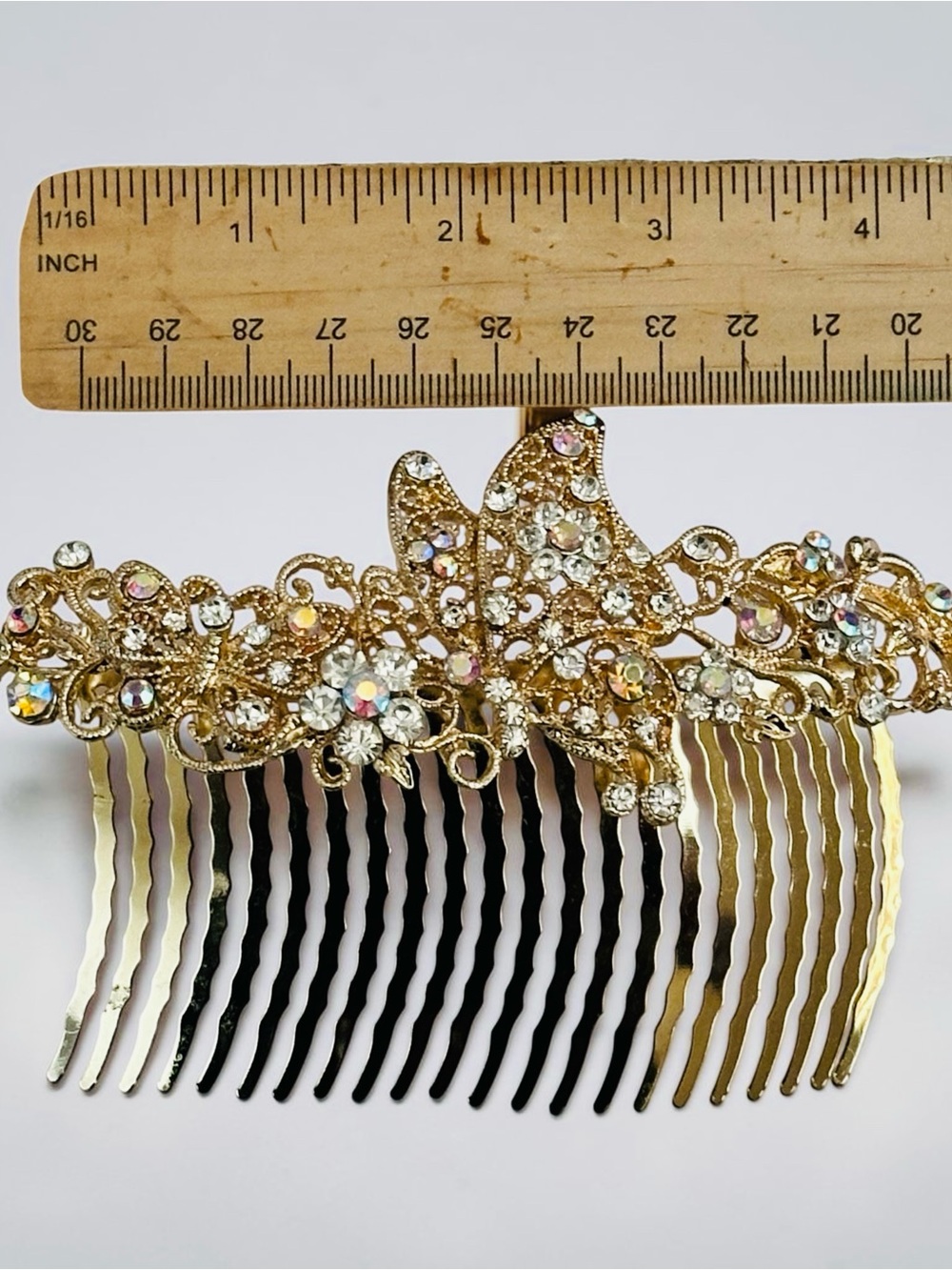 Gold Rhinestone Butterfly Floral Hair Comb Bridal Wedding Prom Formal Accessory - Picture 5 of 9